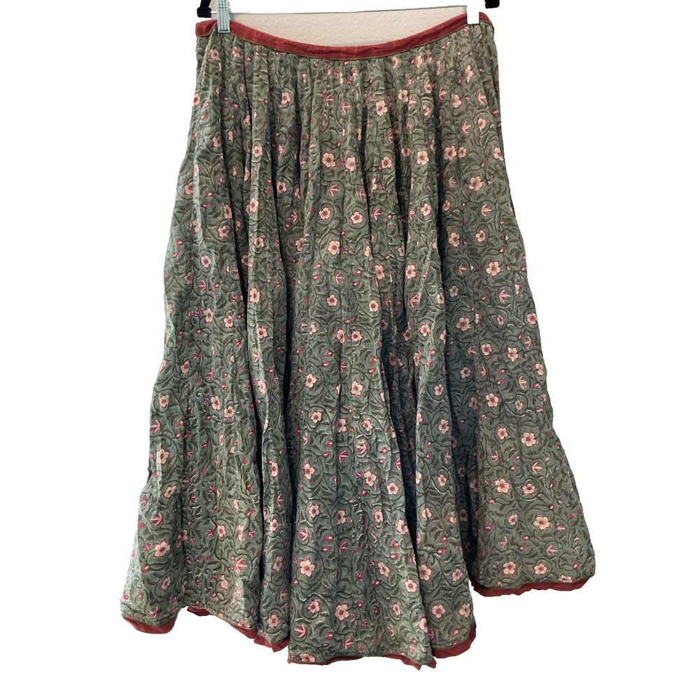 Brigitte Singh Cotton Garden Floral Midi Skirt Cottagecore Prairie Green S-L